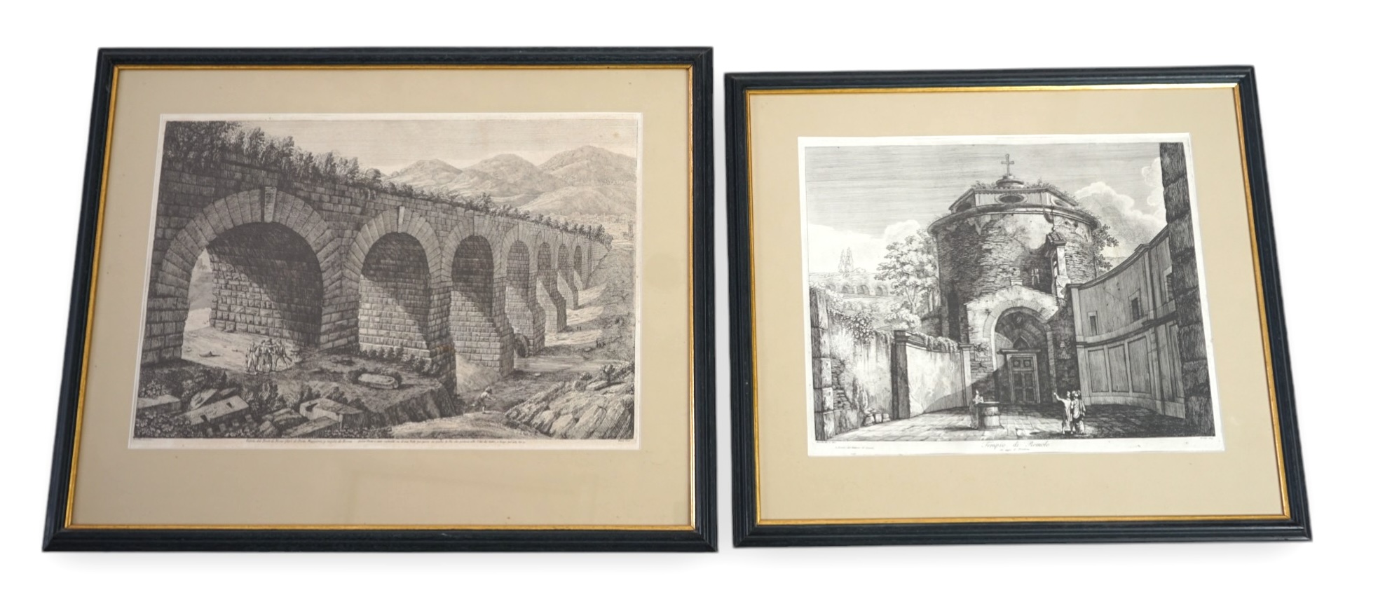 Luigi Rossini (Italian, 1790-1857), Vedute del Ponte di Nona 1823 and Tempio di Romolo, 1819, engravings (2), 38 x 56cm and 34 x 44cm